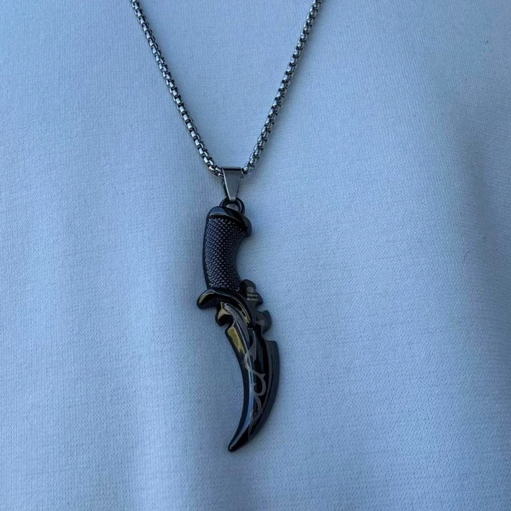 Dark Silver Sword Pendant Necklace Mens Curved Dagger Tribal Gothic 24in Chain
